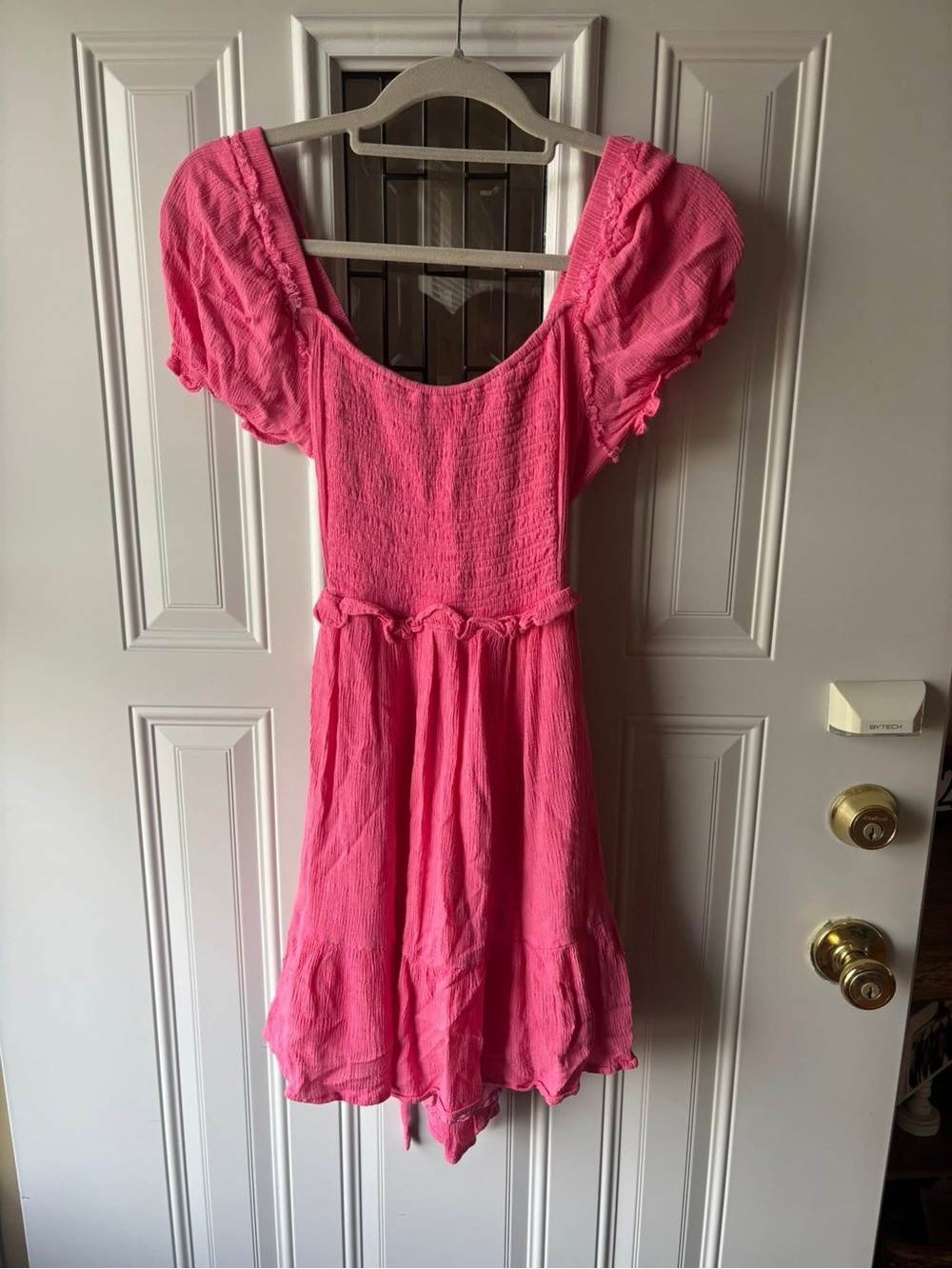 Womens Pink Smocked Puff-Sleeve Dress